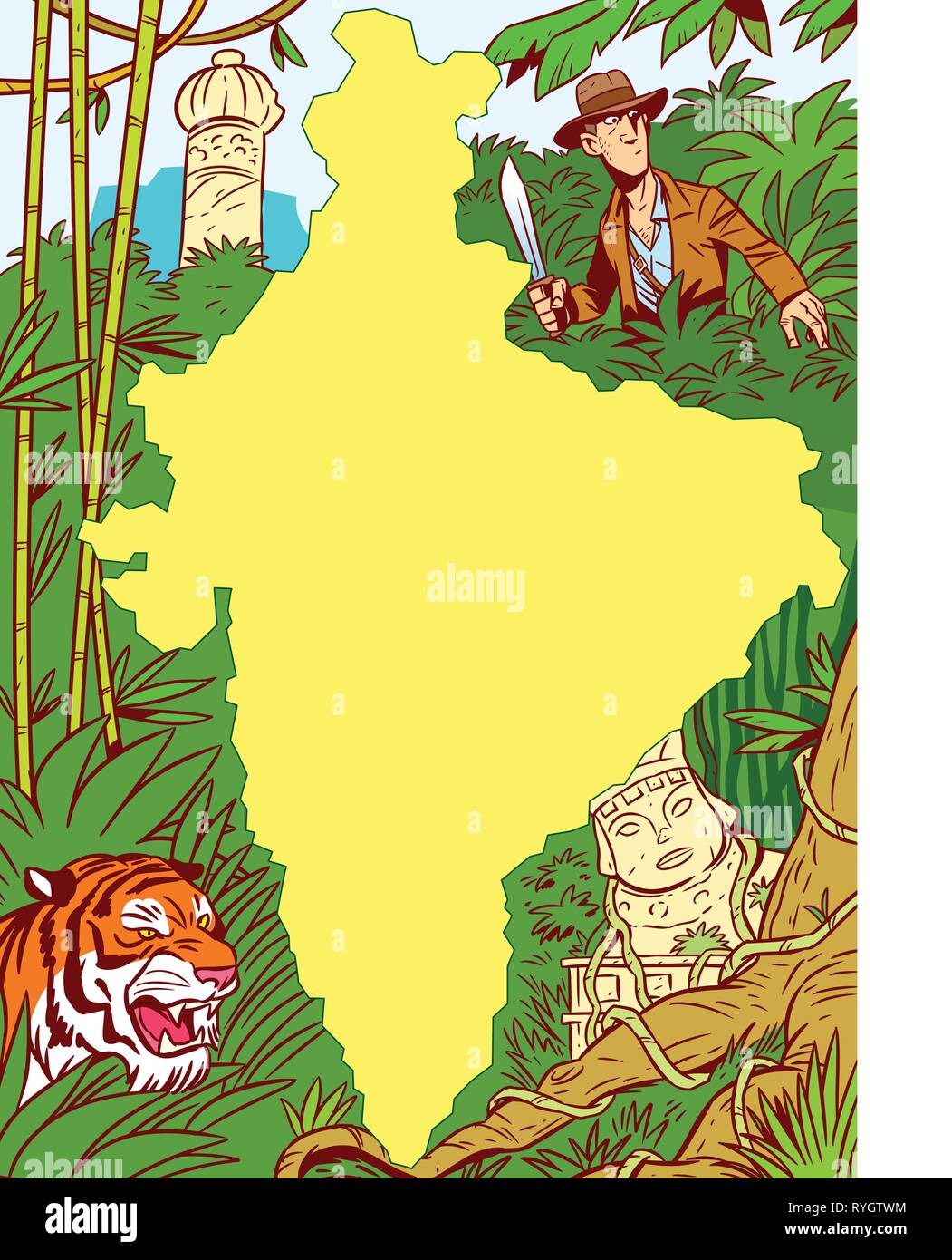 La ilustración muestra el continente africano en medio de la selva, antiguas ruinas, los animales rapaces y un hombre blanco con un machete. Ilustración realizada con Ilustración del Vector