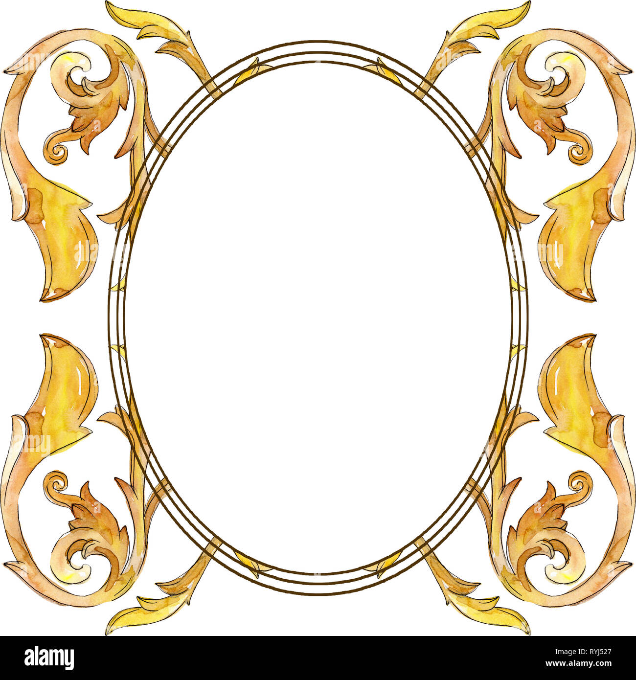 El monograma de oro ornamento floral. Ilustración de fondo de acuarela. Ornamento de borde de marco cuadrado. Foto de stock