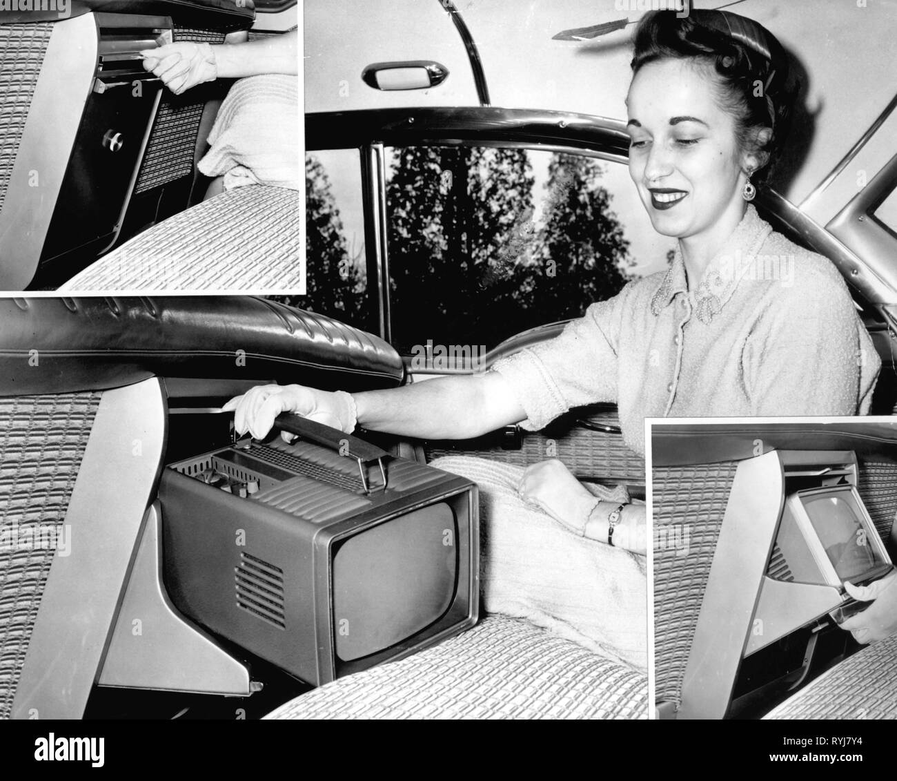 Broadcast, la televisión, el caso de un televisor portátil en la parte  trasera del asiento del pasajero delantero de un Oldsmobile 88, Estados  Unidos, 1958, de lujo, de lujo, vista interior, coche,