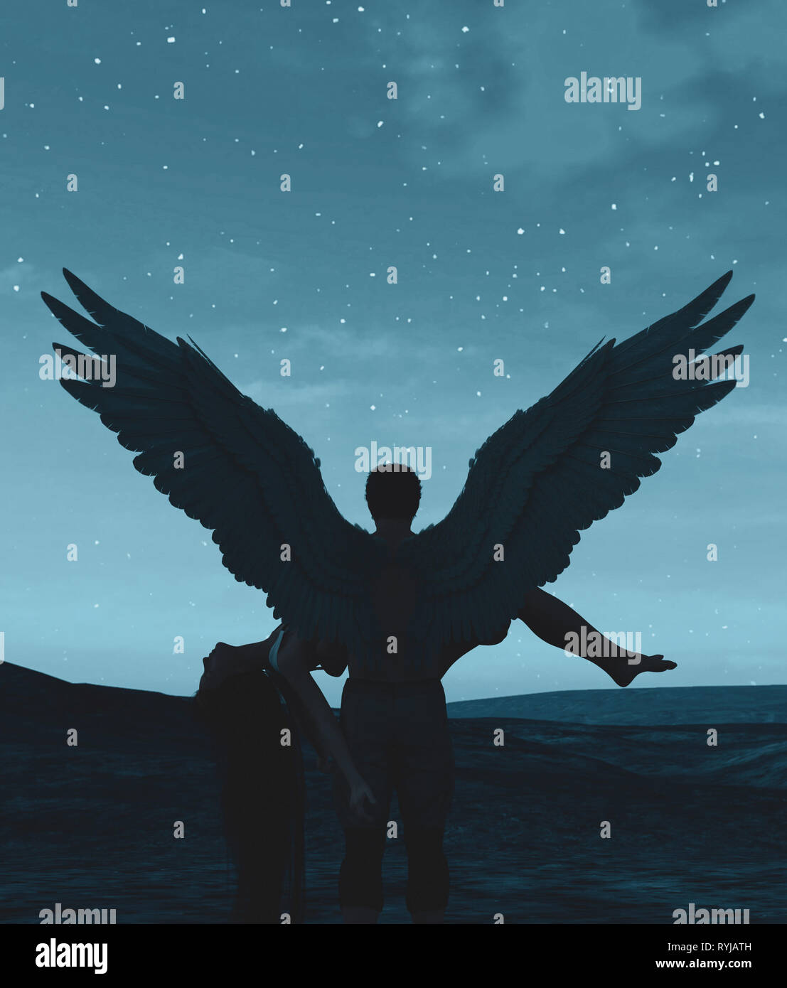 "Hasta que la muerte nos separe",3d ilustración de un cielo de ángeles en la tierra,mixed media para la ilustración de libros o portada del libro. Foto de stock