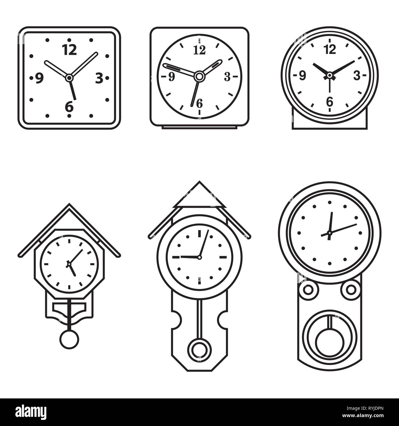 Reloj de péndulo y despertador. Línea delgada iconos vectoriales Ilustración del Vector