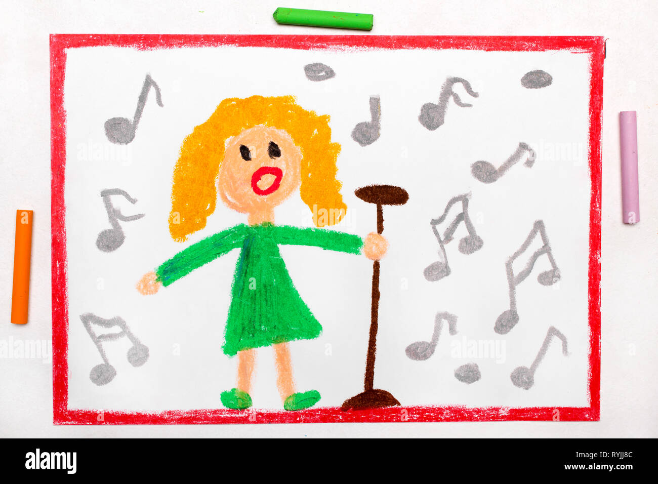 Colorido dibujo: Cantante. Una mujer rodeada por notas canta una ...