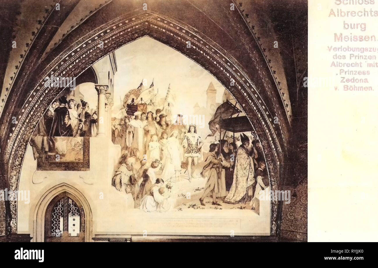 Vistas interiores de Albrechtsburg, Albert III, duque de Sajonia, murales, Sidonie Albrechtsburg de Poděbrady 1899, Meißen, Albrechtsburg, Verlobungszug des Prinzen Albrecht, Alemania Foto de stock