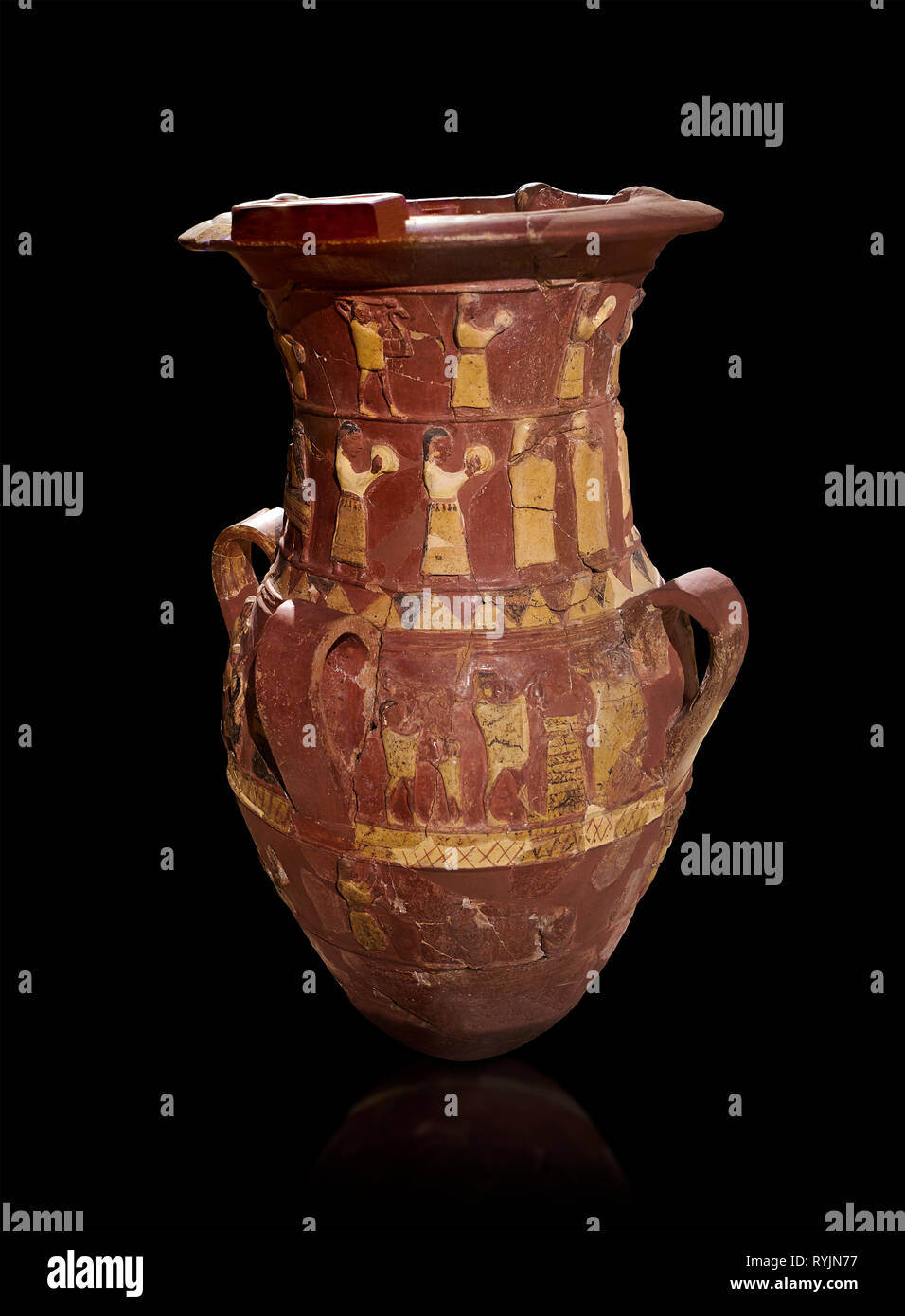 Socorro hitita Inandik decorado libación culto jarrón con cuatro frisos con figuras decorativas en forma de crema, de color rojo y negro. Los dos primeros regis Foto de stock