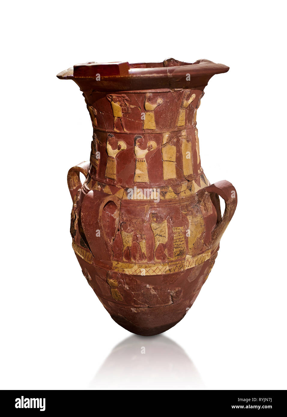 Socorro hitita Inandik decorado libación culto jarrón con cuatro frisos con figuras decorativas en forma de crema, de color rojo y negro. Los dos primeros regis Foto de stock