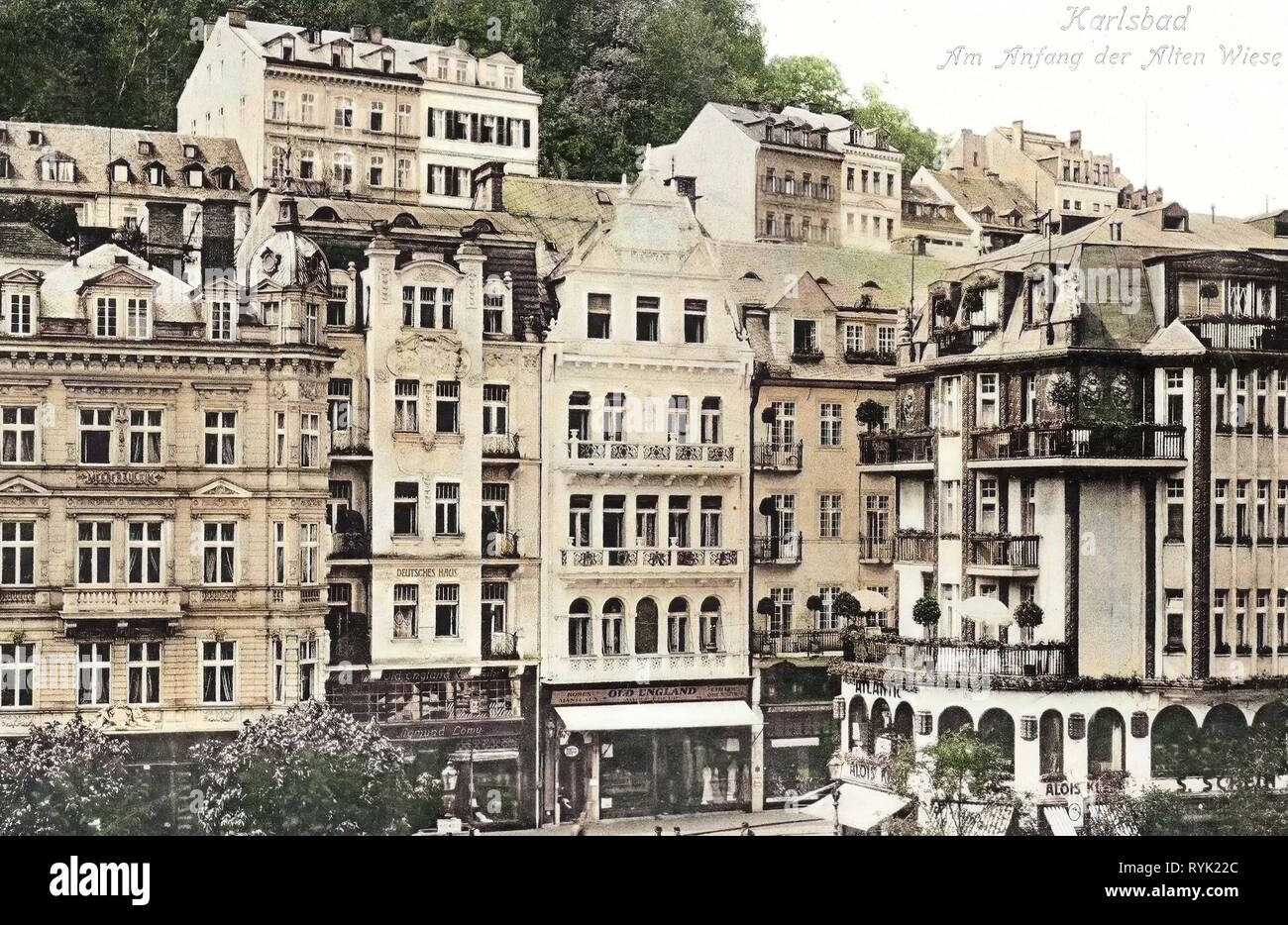 Edificios en Karlovy Vary 1913, Región de Karlovy Vary, Karlsbad, Alte Wiese, República Checa Foto de stock
