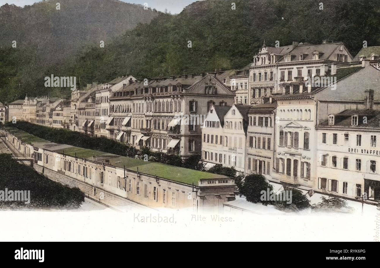 Edificios en Karlovy Vary 1901, Región de Karlovy Vary, Karlsbad, Alte Wiese, República Checa Foto de stock