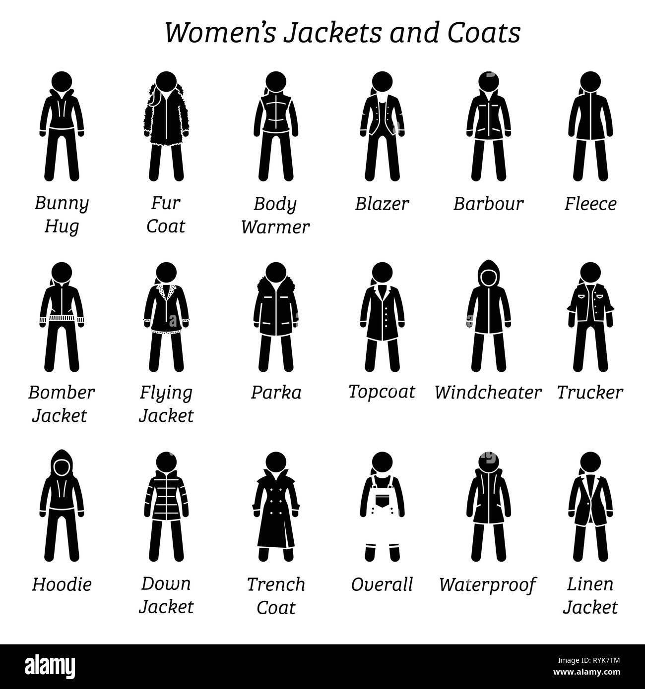 La mujer chaquetas y abrigos. Stick figura pictograma representa un conjunto de distintos tipos de chaquetas y abrigos. Esta ropa de moda son el por mujer Imagen Vector stock -