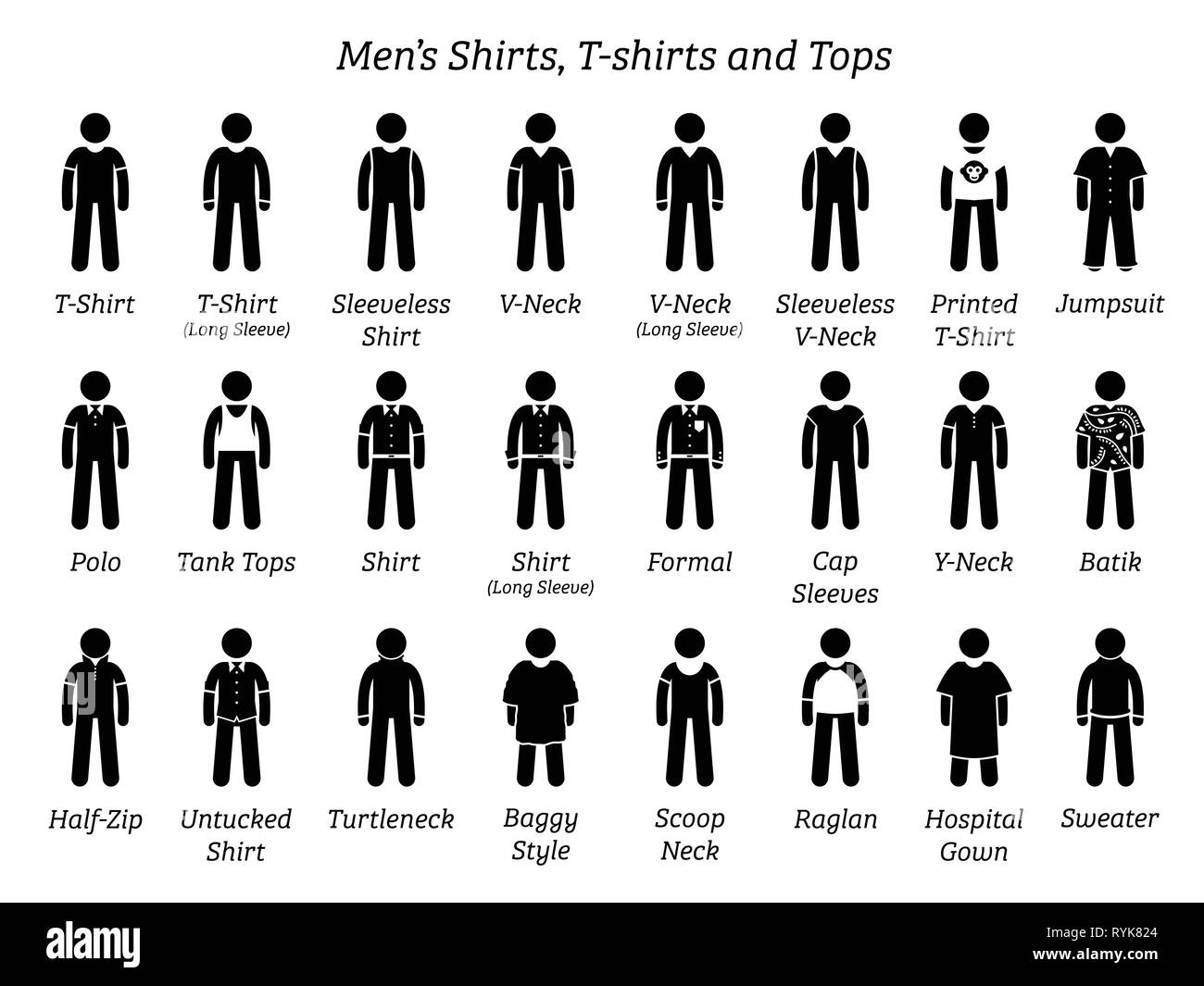Los hombres de camisas, camisetas y tops. Stick cifras representan un  conjunto de diferentes tipos de camisas, camisetas y tops. Esta moda  clothings diseño son por desgaste Imagen Vector de stock -