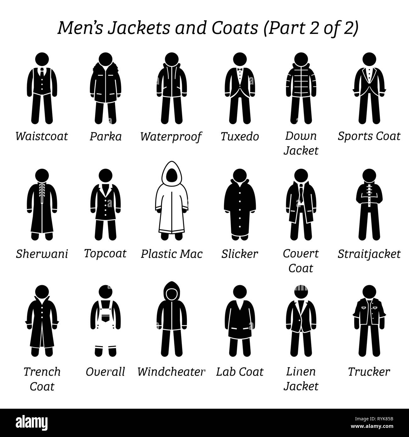 chaquetas y abrigos. Stick cifras representan un conjunto de tipos de chaquetas y abrigos de ropa. Esta moda clothings diseño se desgaste por hombres o ma Imagen Vector de stock -