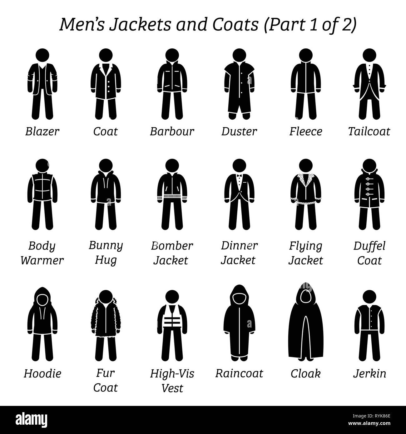 Hombres chaquetas y abrigos. Stick cifras representan un conjunto de distintos tipos de chaquetas y abrigos de ropa. Esta moda clothings diseño se desgaste por hombres o ma de stock -