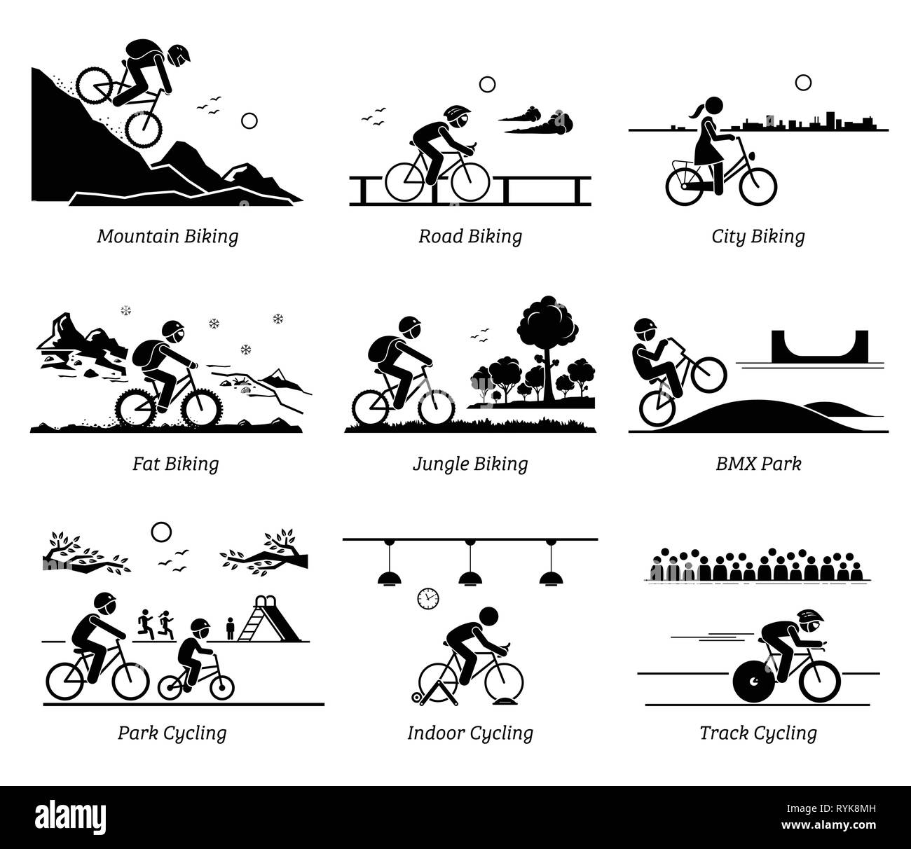 Ciclista ciclismo y paseos en bicicleta en diferentes lugares. Los pictogramas muestran en mountain bike, carretera, ciudad, hielo, selva, BMX, parque, piscina y pista. Ilustración del Vector