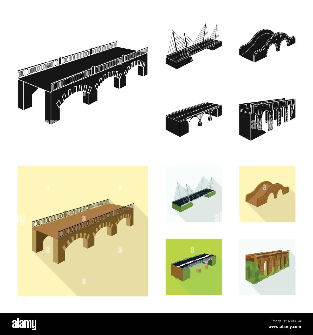 Puente, reubicación, construcción, peatón, montado,prop,cable,costa,históricos,columna,suspendido,arco,río,ladrillo,metal,viejo,showplace,transporte,moderno,campo,bicicleta,long,conexión diseño,construir,lado,bridgework,arquitectura,histórica,estructura,cruzando,vista,establecida,vector,icono,ilustración,aislado,collection, elemento gráfico,,signo vectores vectorial , Ilustración del Vector