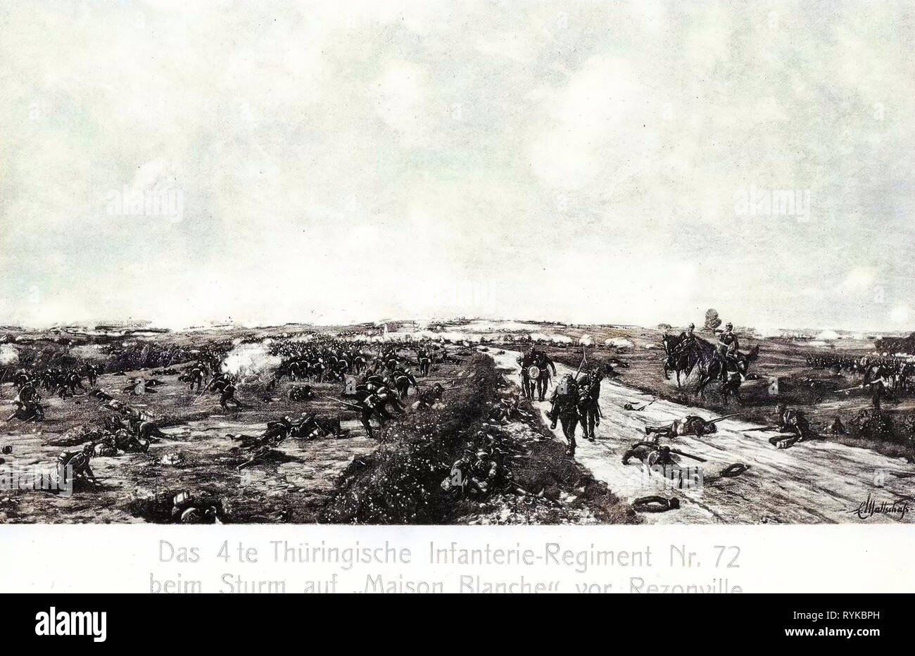 1870 en Francia, la batalla de Mars-la-Tour, 4. Thüringisches Infanterie-Regiment Nr. 72, pinturas en Sajonia, en Torgau, 1912, Schlachtenbild Sturm vor Rezonville Frankreich 1870, Alemania Foto de stock