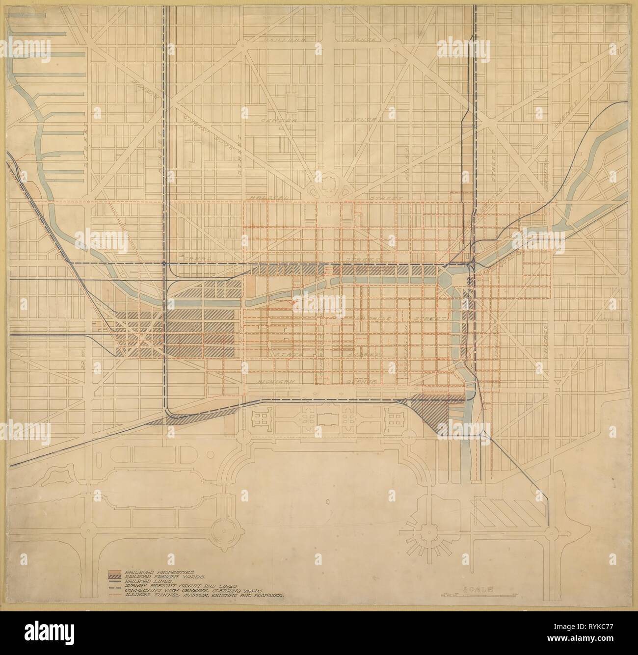 La placa 74 del Plan de Chicago,1909 Chicago. Diagrama del centro de