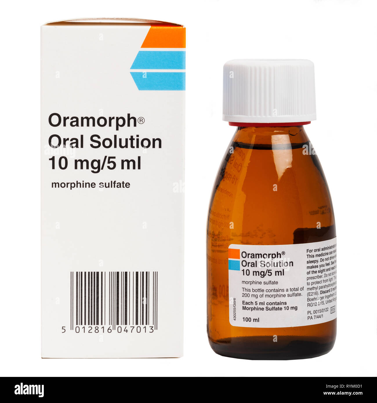 Una botella de solución oral Oramorph sulfato de morfina sobre un fondo blanco. Foto de stock
