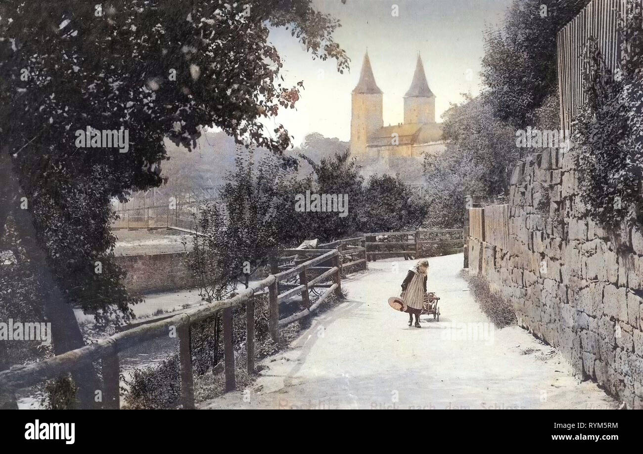 Castillos en el Landkreis Mittelsachsen, Rochlitz Leiterwagen, 1903, Landkreis Mittelsachsen, Blick zum Schloß, Weg mit Mädchen, Alemania Foto de stock