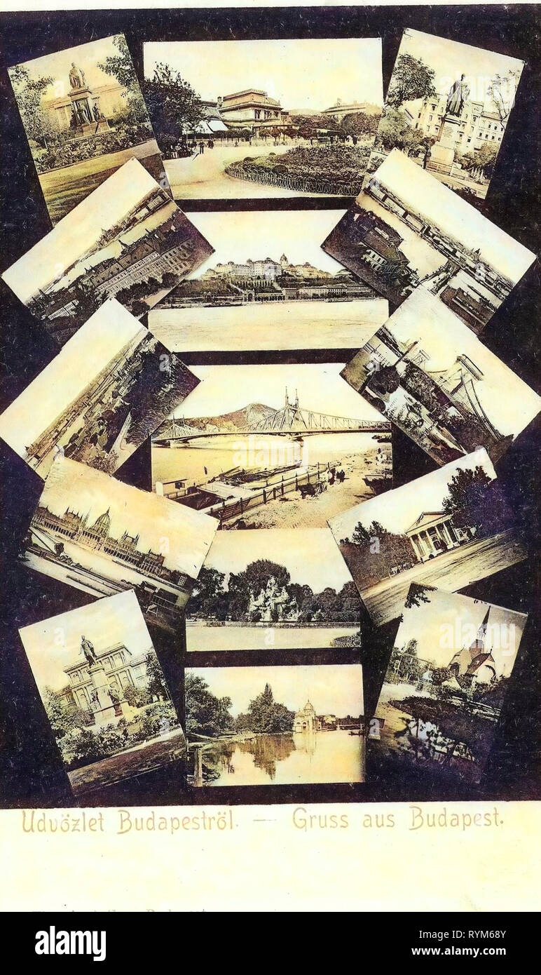 Postales de Multiview, puentes sobre el Danubio en Budapest, los monumentos y lugares conmemorativos en Budapest, en 1903, Budapest, Hungría Stadtansichten Foto de stock