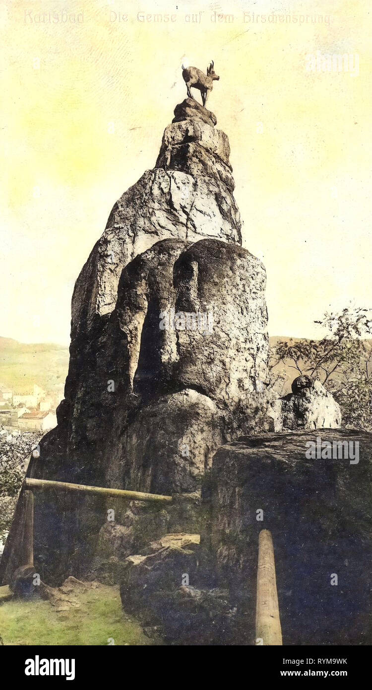 Estatua de rebecos en Jelení skok, 1905, Región de Karlovy Vary, Karlsbad, Die Gemse auf dem Hirschensprung, República Checa Foto de stock