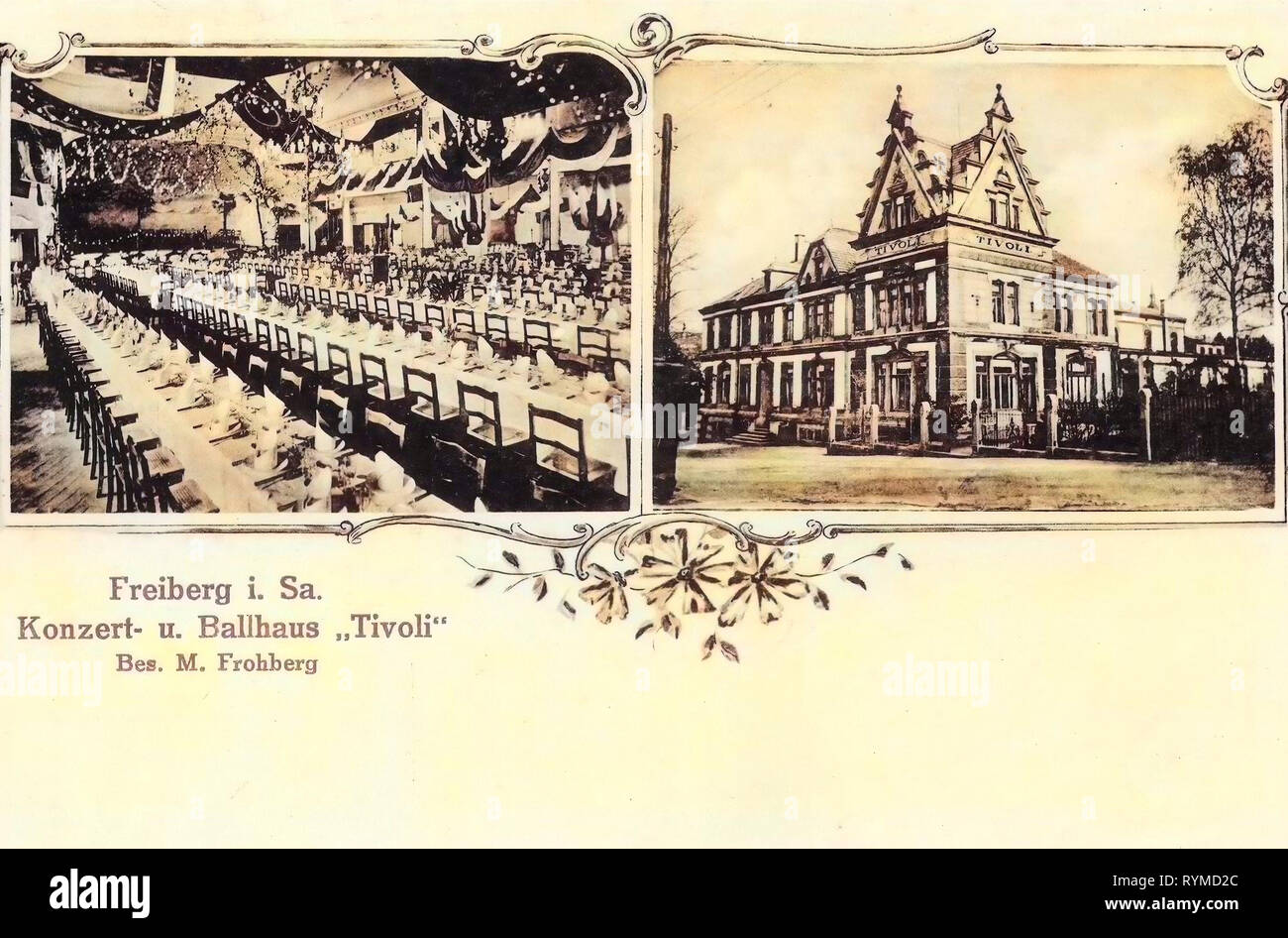 Comedores en Alemania 1906, Landkreis Mittelsachsen, Freiberg, concierto, und Ballhaus Tivoli innen und Außenansicht Foto de stock