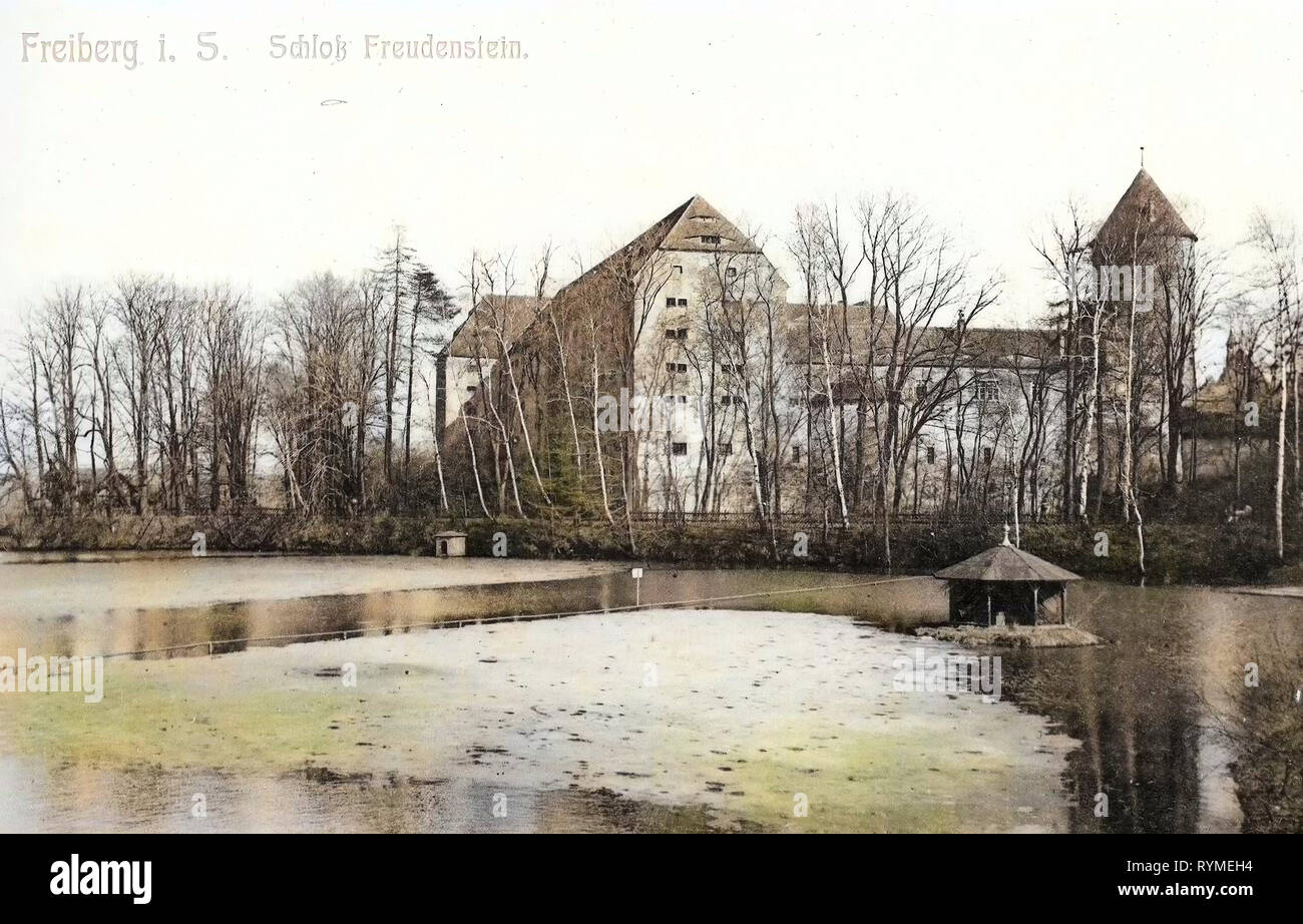 Schloss Freudenstein, estanques en el Landkreis Mittelsachsen, estanques congelados en Alemania, los cuerpos de agua congelada en Sajonia, 1907, Landkreis Mittelsachsen, Freiberg, Schloß Freudenstein Foto de stock