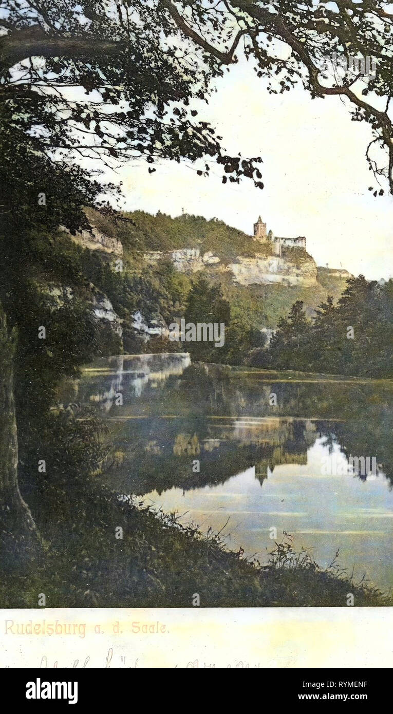 Rudelsburg, 1907, en el Estado federado de Sajonia-Anhalt, Blick zur Rudelsburg, Alemania Foto de stock