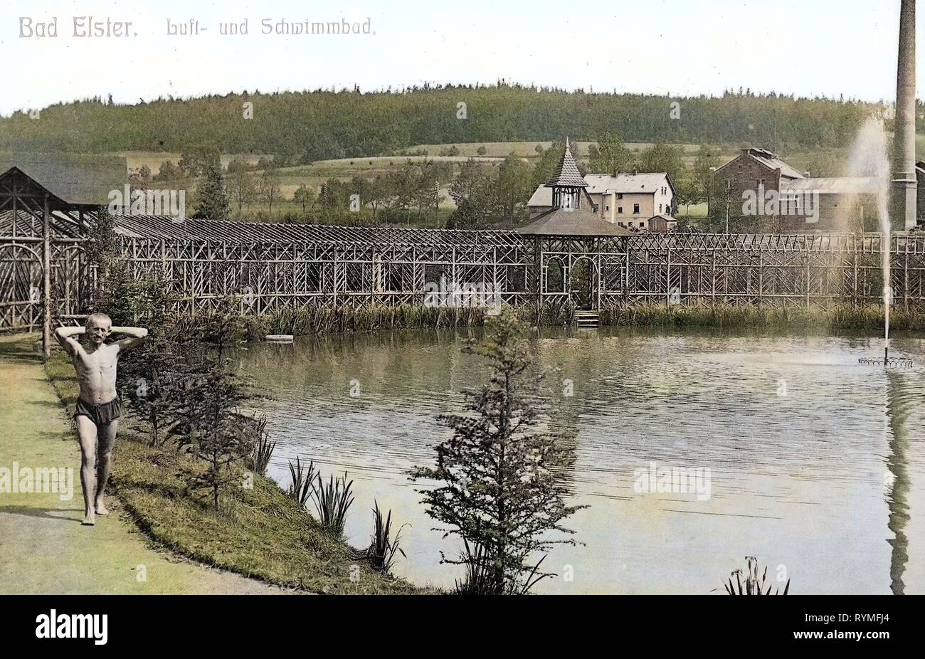 Baños en Sajonia, fuentes en Bad Elster, Bad Elster (Gondelteich), 1907, Vogtlandkreis, Bad Elster, Luft & Schwimmbad, Alemania Foto de stock