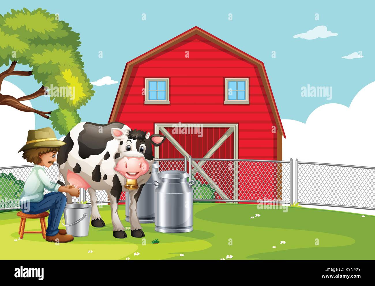Un Campesino ordeñando vacas ilustración Imagen Vector de stock - Alamy