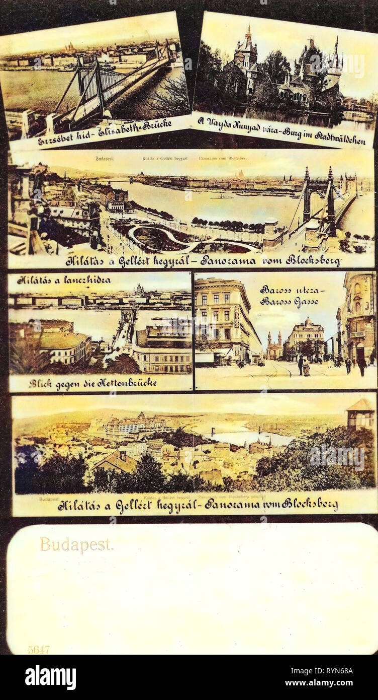 Postales de Multiview, puentes sobre el Danubio en Budapest, imágenes históricas del Castillo Vajdahunyad (Budapest), 1904, Budapest, Hungría Stadtansichten Verschiedene Foto de stock