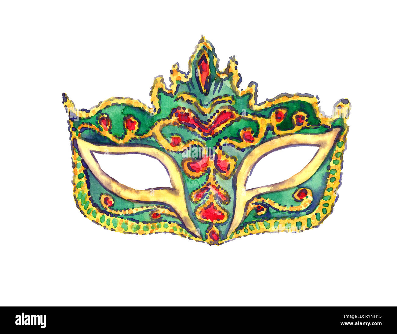 La máscara de carnaval verde con decoración dorada y piedras preciosas de  color rojo, aislado ilustración acuarela pintada a mano Fotografía de stock  - Alamy