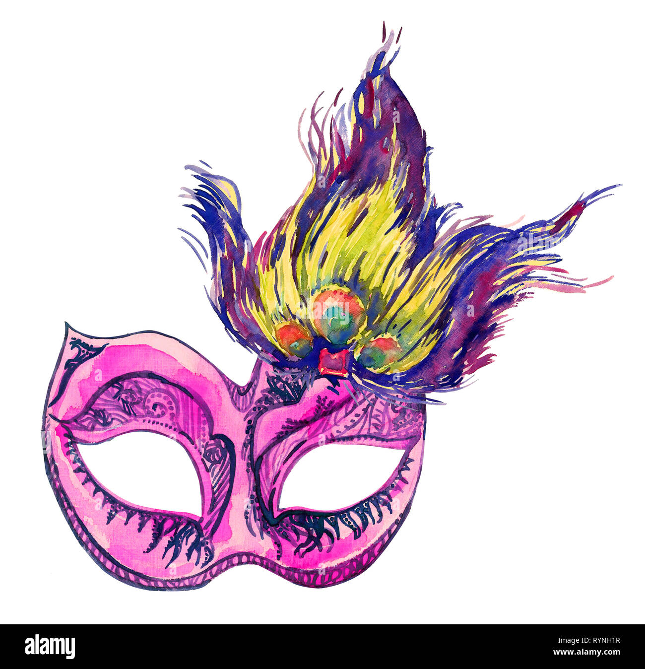 La máscara de carnaval rosa con azul oscuro de ornamento y plumas de pavo  real en la parte superior, pintados a mano ilustración acuarela aislado  Fotografía de stock - Alamy
