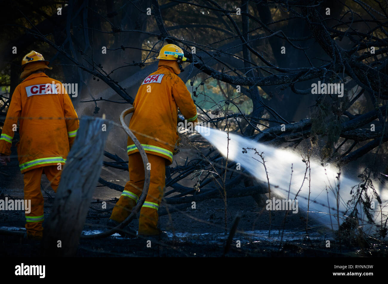 El 11 de enero de 2013, Victoria, Australia : Bush y los incendios de pasto en Kangaroo Hills Road, Blampied. Foto de stock