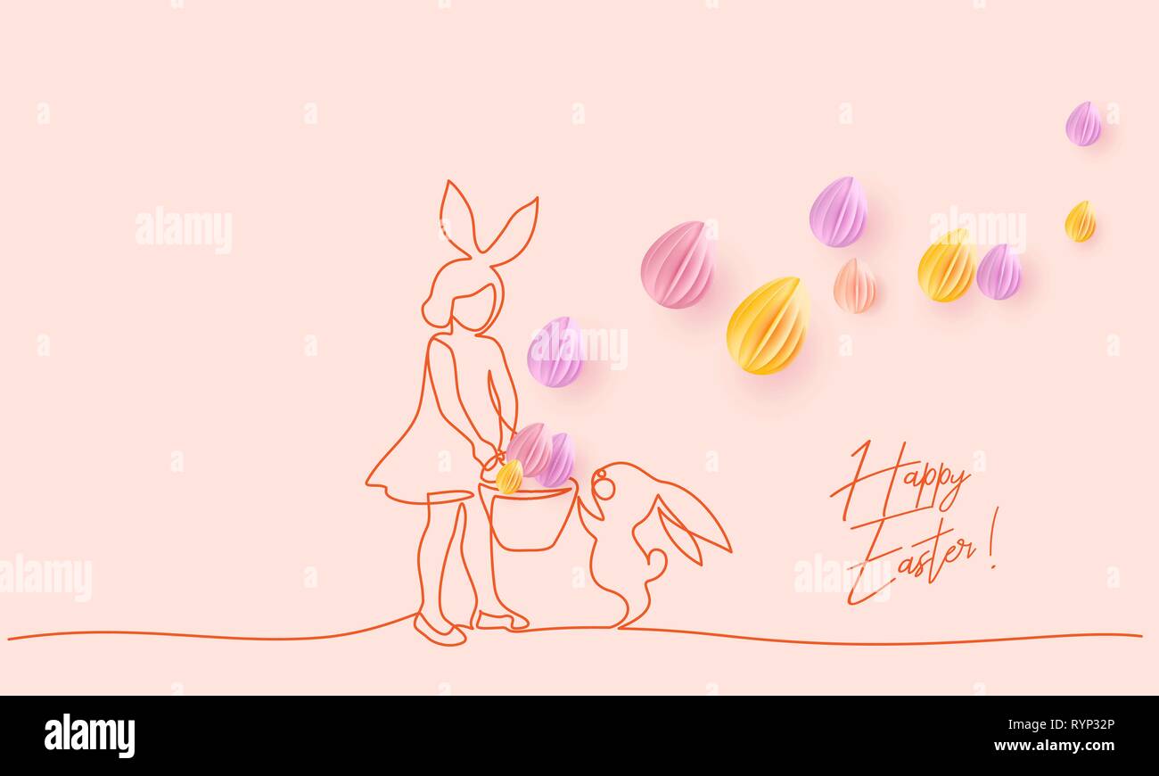 Felices Pascuas. Chica con orejas de conejo y la cesta búsqueda de huevos de Pascua juntos wuth bunny. Diseño de papel ilustración vectorial. El estilo de una línea continua. Ilustración del Vector