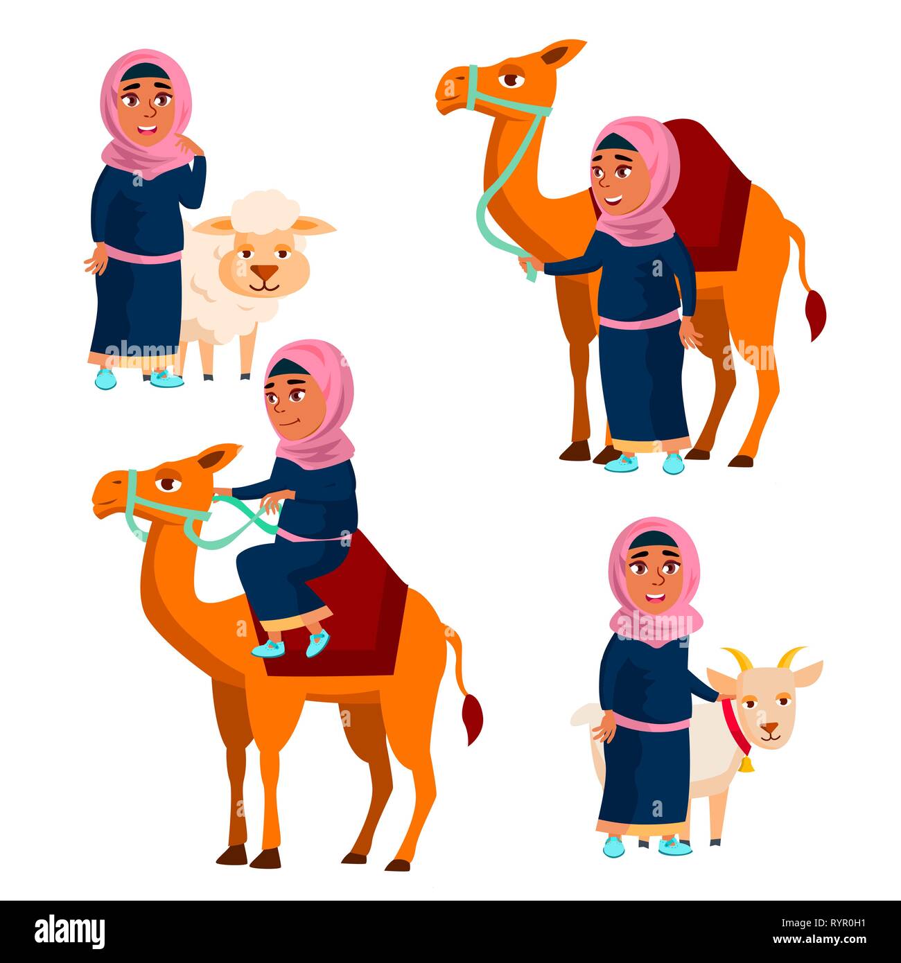 Árabe, musulmán chica conjunto Vector. Ropa tradicional. Camellos, ovejas y cabras. Para Web, carteles, diseño de folleto. Ilustración Cartoon aislado Ilustración del Vector