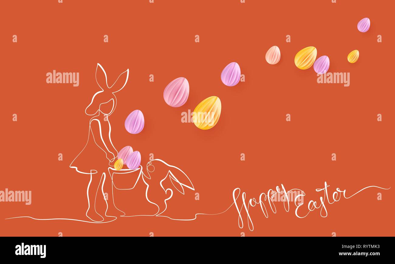Felices Pascuas. Chica con orejas de conejo y la cesta búsqueda de huevos de Pascua juntos wuth bunny. Diseño de papel ilustración vectorial. El estilo de una línea continua. Ilustración del Vector