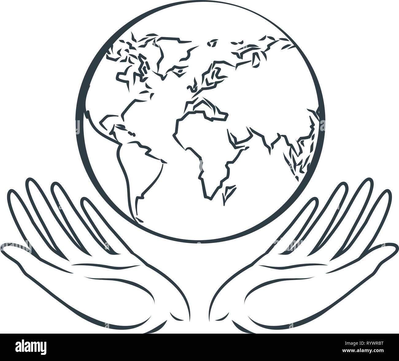 Globo en las manos, logo. El día de la tierra, la protección de la naturaleza, Icono o símbolo mundial. Ilustración vectorial Ilustración del Vector