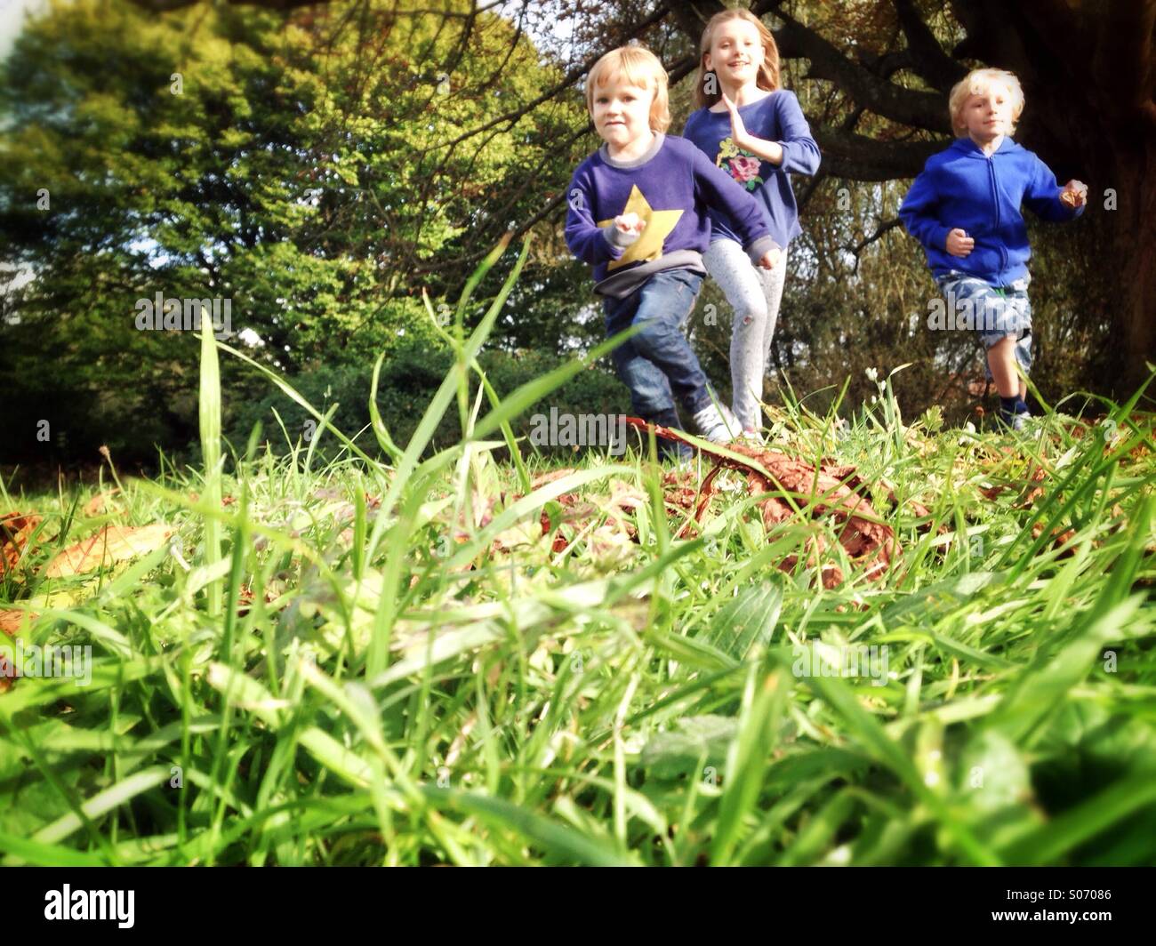 Los niños corriendo por el campo Foto de stock