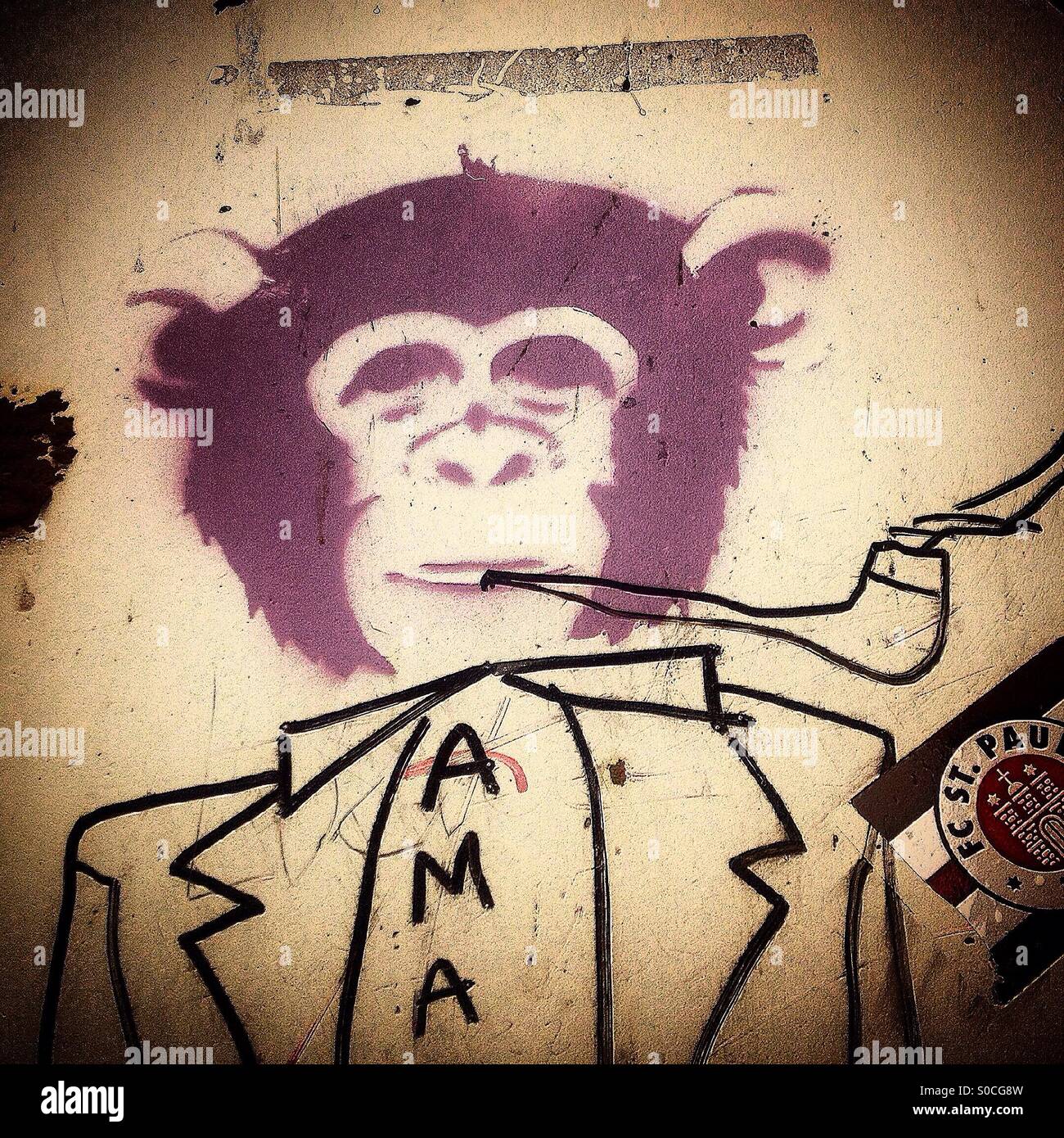 Un graffiti de un mono a fumar en pipa, adorna una pared en Cádiz, Andalucía, España Foto de stock