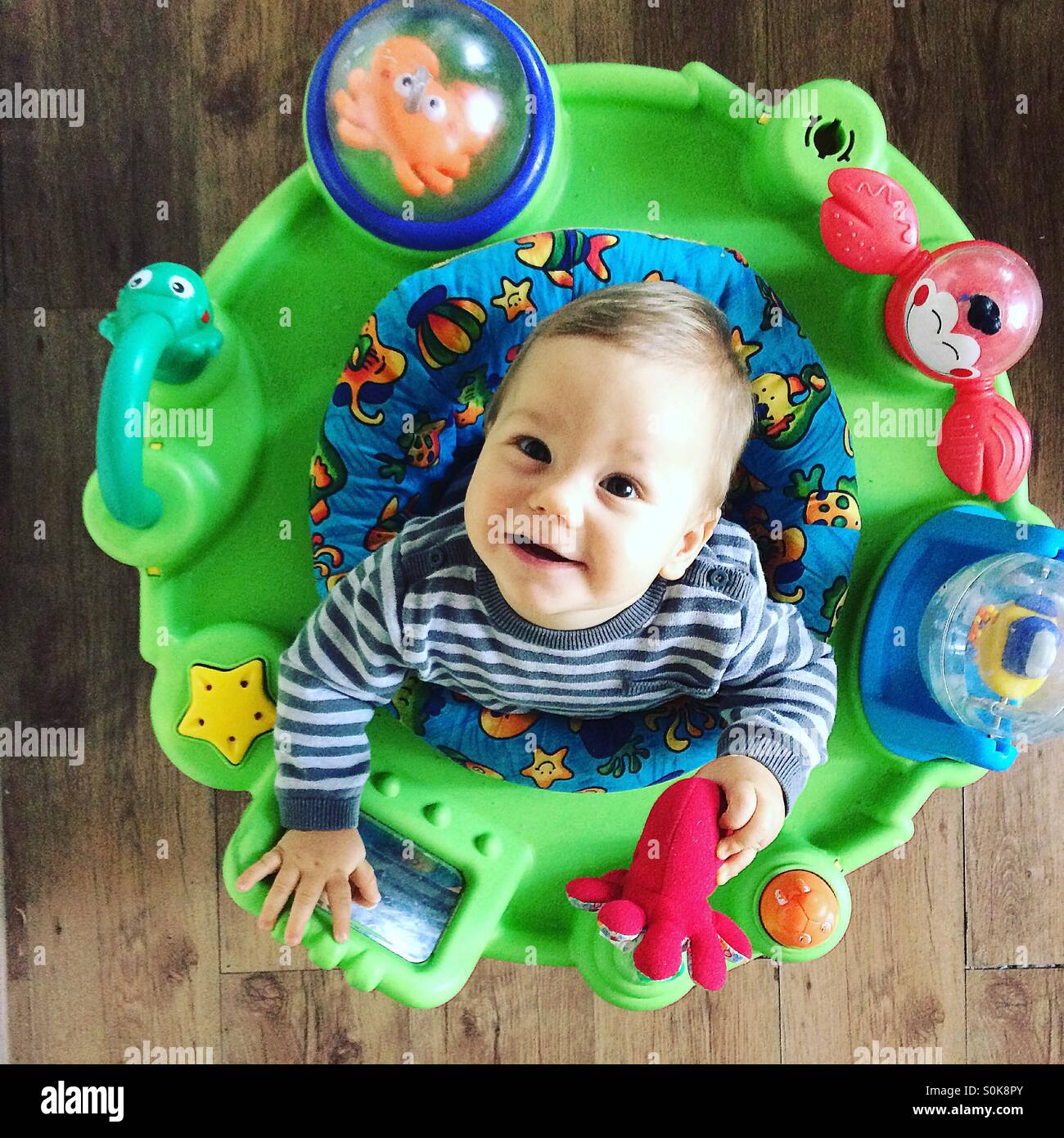 La foto de arriba de un sonriente 9 meses Baby Boy , que está sentado en su