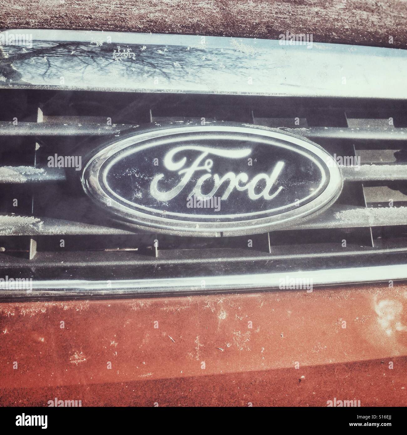 Logotipo de la marca Ford en una rejilla de coche Foto de stock