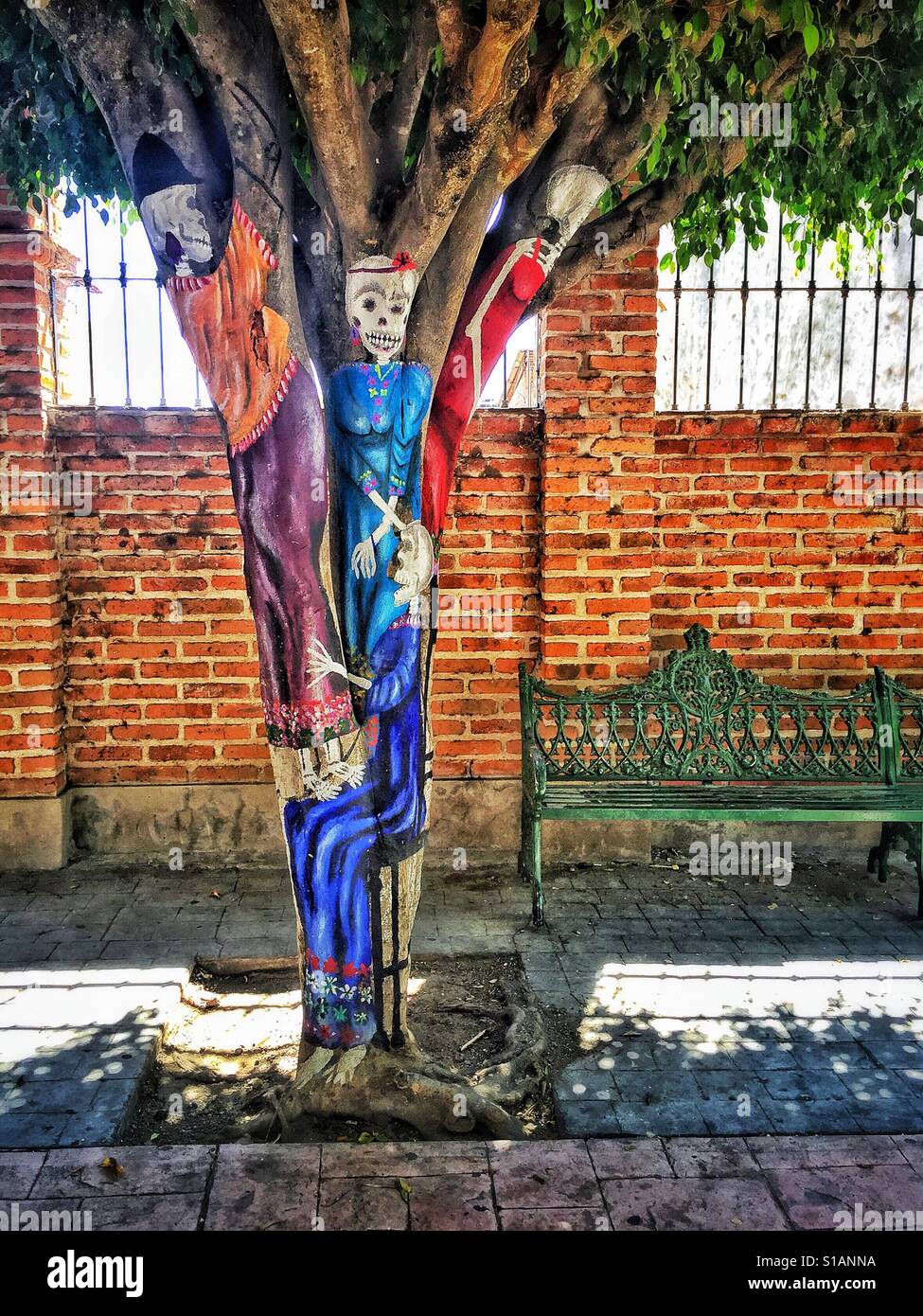 Pintado del tronco de un árbol en una calle pública en Ajijic, México. Foto de stock