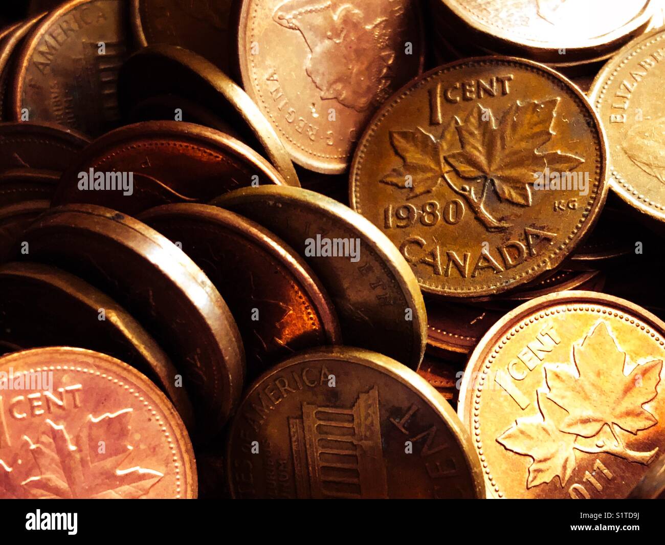 Primer plano de canadienses y americanas de centavos de cobre con el foco en un 1980 Canadá penny Foto de stock