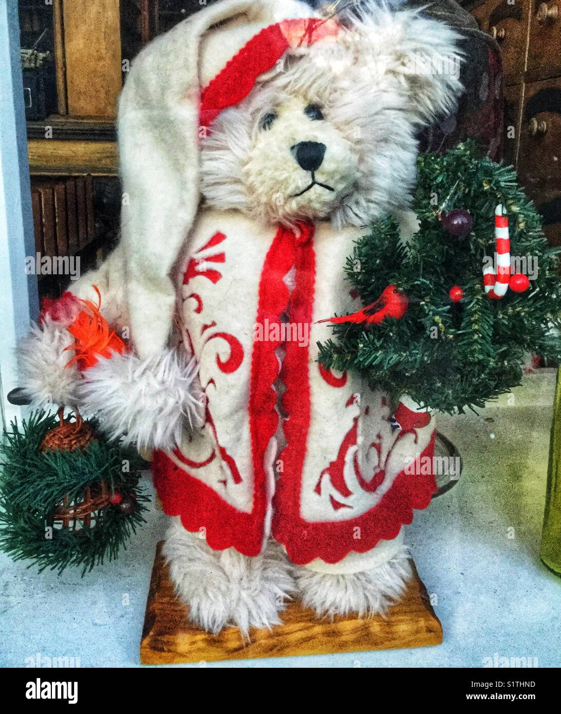 Osito de peluche blanco vestido con un abrigo rojo y blanco para la temporada navideña. Foto de stock