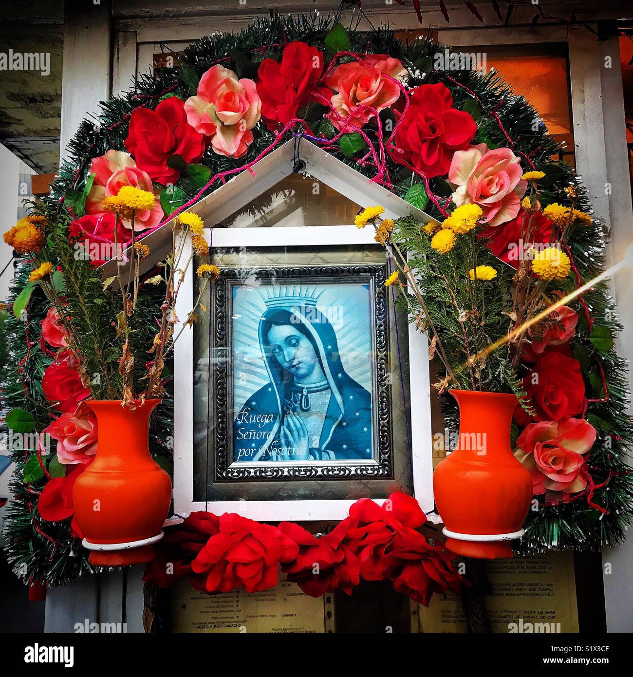 Flores decoran un altar a Nuestra Señora de Guadalupe en Coyoacán, Ciudad de  México, México Fotografía de stock - Alamy