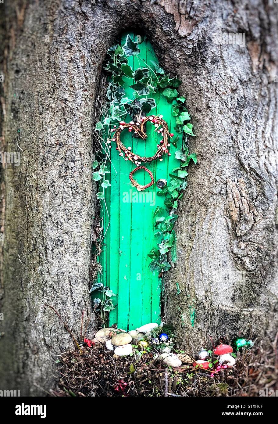 Puerta de hada verde en un árbol Foto de stock