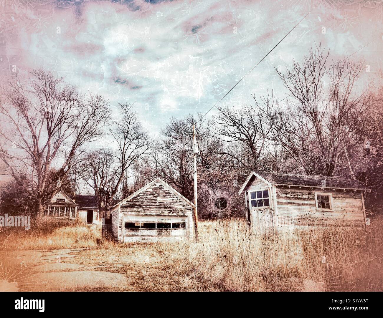 Casa abandonada rodeado de hierba y árboles cubierto Foto de stock