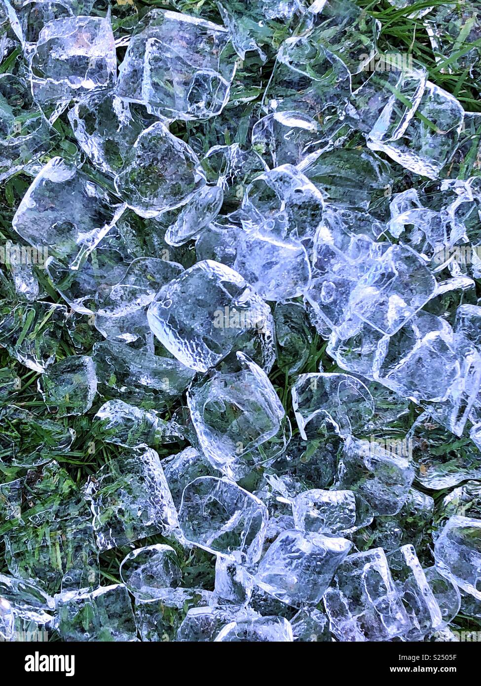 Cubos de hielo arrojado sobre un césped crear patrón interesante de fondo fresco Foto de stock