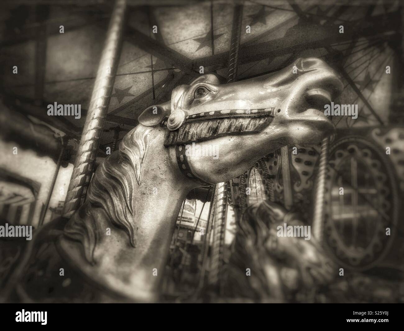 Tonos Sepia closeup de un caballo de carrusel Foto de stock