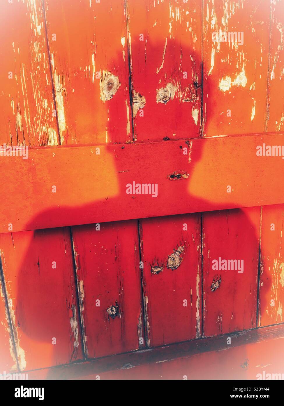 Cabeza y hombros sombra en rojo profundo contra un panel de madera roja naranja Foto de stock