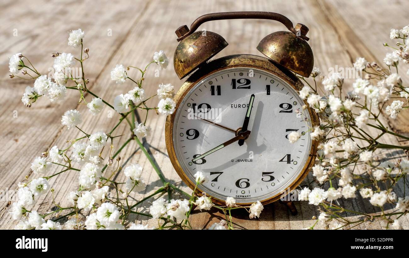 Reloj Despertador Por Concepto De Mañana Bueno En La Mesita De Noche Imagen  de archivo - Imagen de flor, hora: 187202653